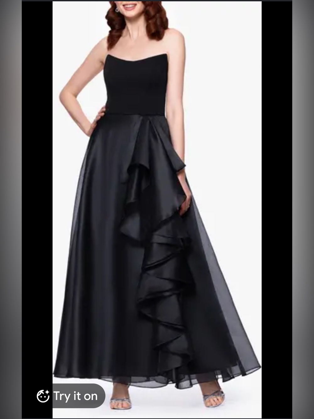 Betsy & Adam Strapless Black Ruffle A-Line Gown
